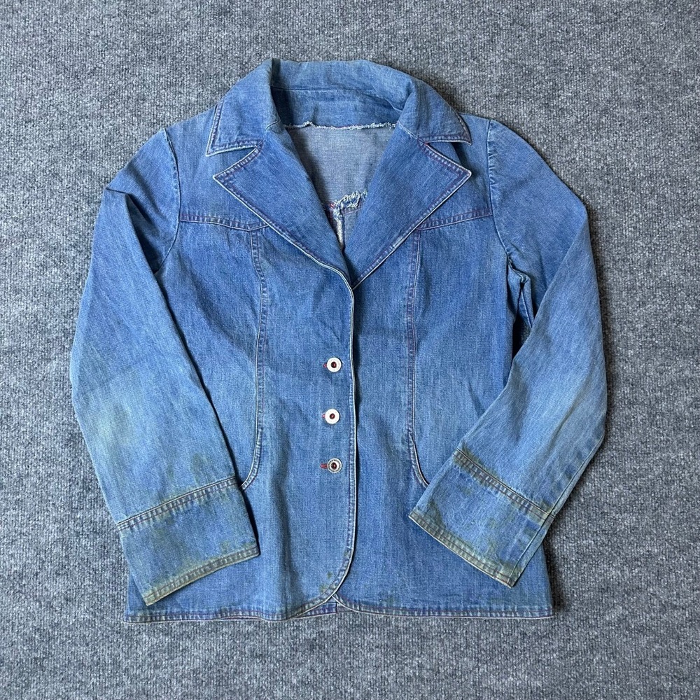 Vintage Denim Blazer Womens Size M Blue Western Tailored Cotton Jean Jacket 70s